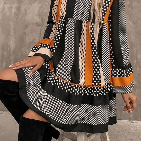Orange Preppy Womens Striped & Polka Dot Flounce Sleeve Ruffle Hem Smock Dress - Picture 5 of 5